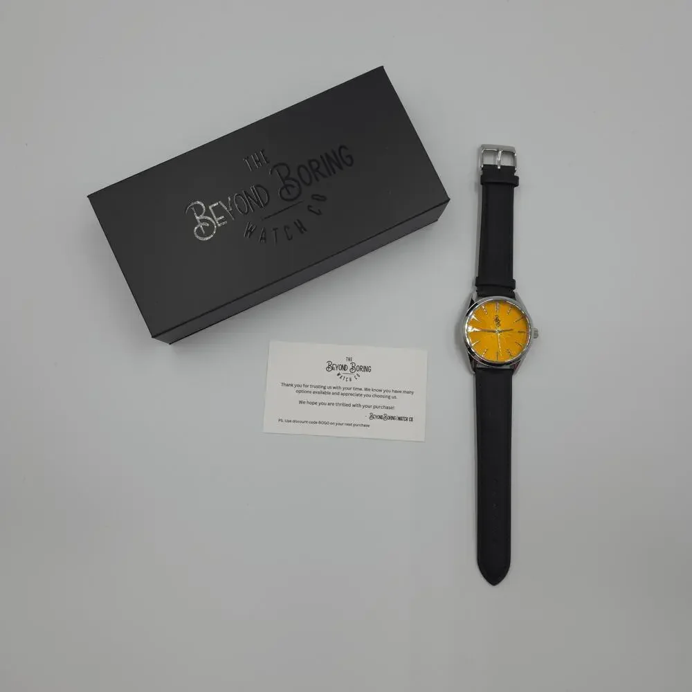 The Beyond Boring Watch Company in Yellow Sunburst Watch Black Leather